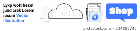 Data storage, document processing, e-commerce, cloud computing, file organization, technology services. A cloud, gear icon paper stack and shop bubble. Cloud storage and document management Data storage, document processing, e-commerce, cloud computing, file organization, technology services. A cloud, gear icon paper stack and shop bubble. Cloud storage and document management 134883745