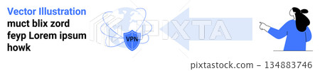 Network security, internet privacy, data protection, VPN services, online encryption, and remote connectivity. Woman pointing at VPN shield icon security. Network security and internet privacy 134883746