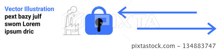 Data security, cybersecurity, data protection, encryption, industrial processes, secure transfer. A blue lock icon and arrows data flow near a factory outline. Data security and cybersecurity Data security, cybersecurity, data protection, encryption, industrial processes, secure transfer. A blue lock icon and arrows data flow near a factory outline. Data security and cybersecurity 134883747