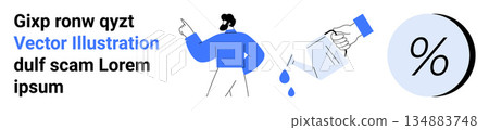 Finance, marketing, savings, data analysis, decision-making, budgeting. Man in blue shirt pointing, water pouring into drops percentage sign. Finance and marketing concept Finance, marketing, savings, data analysis, decision-making, budgeting. Man in blue shirt pointing, water pouring into drops percentage sign. Finance and marketing concept 134883748