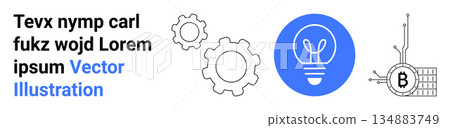Cryptocurrency, blockchain, innovation, fintech, digital currency, and technology development. Blue light bulb, gears and Bitcoin symbol connected to circuits. Cryptocurrency and blockchain concept 134883749