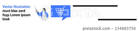 Online shopping, retail marketing, digital commerce, business training, consumer behavior, education. Shopping cart icon with a woman pointing. Online shopping and retail marketing concept 134883750