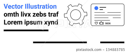 Social media, content creation, user interface, data management, digital marketing, workflow automation. Gear icon and social media card with text placeholders. Social media and content creation Social media, content creation, user interface, data management, digital marketing, workflow automation. Gear icon and social media card with text placeholders. Social media and content creation 134883785