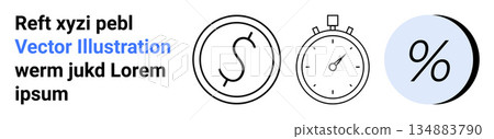 Finance, time tracking, analytics, budgeting, performance measurement, data analysis. Circular icons dollar sign, stopwatch percentage. Finance and time tracking concepts illustrated Finance, time tracking, analytics, budgeting, performance measurement, data analysis. Circular icons dollar sign, stopwatch percentage. Finance and time tracking concepts illustrated 134883790