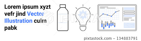 Innovation, analytics reporting, creative strategy, productivity analysis, idea generation, marketing trends. A bottle, light bulb with gear and chart with growth analysis. Innovation and analytics Innovation, analytics reporting, creative strategy, productivity analysis, idea generation, marketing trends. A bottle, light bulb with gear and chart with growth analysis. Innovation and analytics 134883791