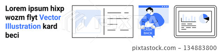 Website design, user feedback, data analysis, presentation, digital tools, online services. Flat vector graphics showing feedback card, website layout and analysis chart. User feedback and data Website design, user feedback, data analysis, presentation, digital tools, online services. Flat vector graphics showing feedback card, website layout and analysis chart. User feedback and data 134883800