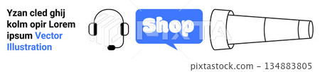 E-commerce, customer support, online shopping, exploration, navigation, sales tools. A headset, shop speech bubble and telescope outline in a flat vector style. E-commerce and customer support 134883805