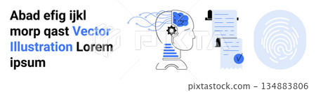 Artificial intelligence, data privacy, biometrics, machine learning, authentication, identity verification. Human head with brain, documents with a check mark fingerprint icon. AI and data privacy Artificial intelligence, data privacy, biometrics, machine learning, authentication, identity verification. Human head with brain, documents with a check mark fingerprint icon. AI and data privacy 134883806