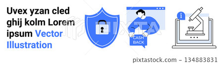 Cybersecurity, cashback programs, financial security, scientific research, online protection, secure services. Shield with lock, cashback scenario lab equipment on a screen. Cybersecurity 134883831