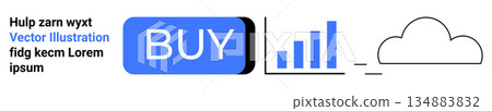 Ecommerce, digital marketing, data storage, purchasing, analytics, cloud technology. A blue buy button, rising bar chart and a cloud icon. Ecommerce and digital marketing concept 134883832