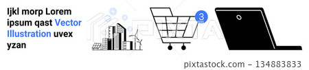 E-commerce, technology, sustainability, shopping tools, smart services, urban concepts. Shopping cart with notification, laptop city skyline with wind turbines. E-commerce and smart services concept E-commerce, technology, sustainability, shopping tools, smart services, urban concepts. Shopping cart with notification, laptop city skyline with wind turbines. E-commerce and smart services concept 134883833