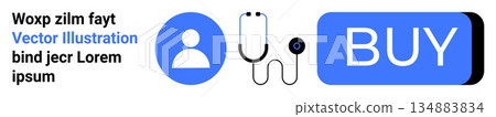 Healthcare access, online purchases, telemedicine, health services, patient management, e-commerce. Blue user icon, stethoscope and a buy button. Healthcare access and online purchases concepts Healthcare access, online purchases, telemedicine, health services, patient management, e-commerce. Blue user icon, stethoscope and a buy button. Healthcare access and online purchases concepts 134883834