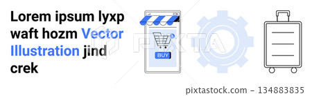E-commerce, online shopping, business solutions, travel planning, logistics, user interface design. Includes shopping cart, gear and luggage icons. E-commerce and online shopping concept E-commerce, online shopping, business solutions, travel planning, logistics, user interface design. Includes shopping cart, gear and luggage icons. E-commerce and online shopping concept 134883835