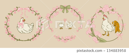 Cottagecore hen, chicken, rooster in floral frames 134883958