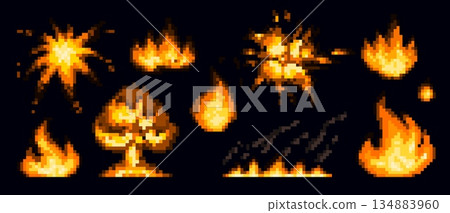 Pixel game explosion effects set isolated on black 134883960