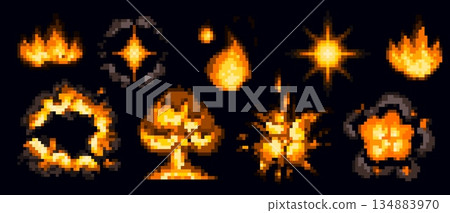 Pixel art explosion in yellow orange flames 134883970