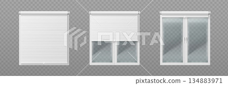 Window with open and closed roller blinds 134883971