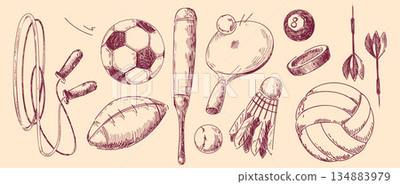 Sport doodle collection with hand drawn icons 134883979