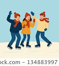 Three friends are skating and having fun at the rink. Flat vector illustration. Suitable for posters, skating rink advertisements, winter events, and postcards. 134883997