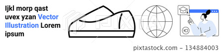 Education, technology, e-learning, global connection, modern design, concept art. A globe, shoe outline and learning interface with a person. Education and technology-based concepts 134884003