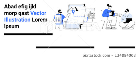 Business processes, remote work, app development, digital collaboration, navigation tools, teamwork. Flat characters with technology devices and map interface. Remote work and business processes Business processes, remote work, app development, digital collaboration, navigation tools, teamwork. Flat characters with technology devices and map interface. Remote work and business processes 134884008