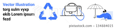 Environmental awareness, sustainability, work essentials, protective gear, minimalism, safety. Blue recycling icon, briefcase with cord person under umbrella. Sustainability and work essentials 134884015