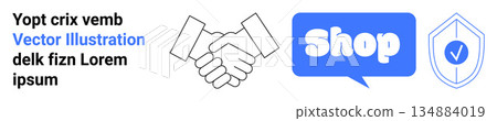 Business partnership, online shopping, secure transactions, e-commerce, communication, trust. Handshake icon, speech bubble with Shop shield with checkmark. Business partnership and online shopping Business partnership, online shopping, secure transactions, e-commerce, communication, trust. Handshake icon, speech bubble with Shop shield with checkmark. Business partnership and online shopping 134884019