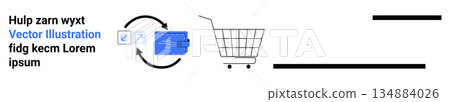 E-commerce, online shopping, payment systems, cashless transactions, digital commerce, consumer behavior. Credit card with arrows pointing to shopping cart. E-commerce and online shopping concept 134884026