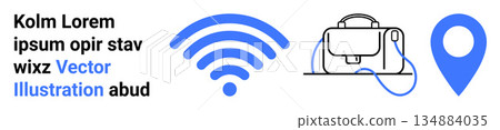 Wireless networks, navigation tools, remote work essentials, digital nomad lifestyle, travel technology, modern connectivity. wireless symbol, location pin travel bag icons. Wireless networks 134884035