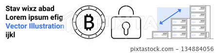 Cryptocurrency, digital security, online transactions, financial growth, blockchain, data privacy. Bitcoin symbol, padlock icon bar chart. Cryptocurrency and digital security concept Cryptocurrency, digital security, online transactions, financial growth, blockchain, data privacy. Bitcoin symbol, padlock icon bar chart. Cryptocurrency and digital security concept 134884056