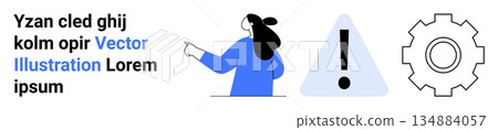 Business alerts, workflow management, system updates, process optimization, user guidance, notifications. Woman pointing towards an exclamation triangle with a gear icon. Business alerts and workflow Business alerts, workflow management, system updates, process optimization, user guidance, notifications. Woman pointing towards an exclamation triangle with a gear icon. Business alerts and workflow 134884057