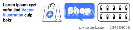 E-commerce, retail shopping, online stores, delivery services, packaging, digital commerce. Shopping bag, Shop text bubble packaging box. E-commerce and retail shopping concept E-commerce, retail shopping, online stores, delivery services, packaging, digital commerce. Shopping bag, Shop text bubble packaging box. E-commerce and retail shopping concept 134884066