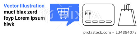E-commerce, digital payment, retail, online transactions, consumer goods, modern shopping. Blue cart icon in speech bubble, credit card shopping bag. E-commerce and digital payment concept 134884072