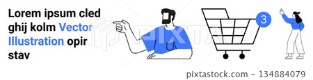 E-commerce, online shopping, digital marketplace, consumer behavior, retail sales, communication. A man pointing at a cart with notification icon and a woman selecting an item. E-commerce and online E-commerce, online shopping, digital marketplace, consumer behavior, retail sales, communication. A man pointing at a cart with notification icon and a woman selecting an item. E-commerce and online 134884079