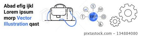 Business management, workflow automation, enterprise resource planning, operations optimization, process integration, project tracking. ERP hub with icons, gears and workspace design. Business 134884080