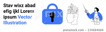 Security, mental health, knowledge sharing, education, creative thinking, personal growth. Blue lock, human mind with plants teacher explaining. Security and mental health concept 134884084