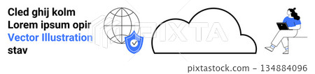 Cloud solutions, cybersecurity, digital communication, remote work, online safety, global network. A cloud, a shield with a checkmark a globe and a person with a laptop. Cloud solutions 134884096