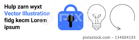 Data protection, innovation, idea generation, cybersecurity, technology design, creative thinking. Blue padlock, line art lightbulb and circular arrow. Data protection and innovation concept 134884185