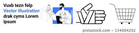 Healthcare, medical services, e-commerce, health products, approval icons, online shopping. A doctor holding a bottle and stylized thumbs-up and shopping cart icons. Healthcare and e-commerce concept Healthcare, medical services, e-commerce, health products, approval icons, online shopping. A doctor holding a bottle and stylized thumbs-up and shopping cart icons. Healthcare and e-commerce concept 134884202