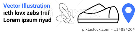 Navigation, travel, eco-tourism, location services, outdoor activities, sustainability. Blue map pin, shoe outline leaf graphic. Navigation and travel concepts for directional and ecological 134884204