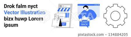 Online shopping, cashback rewards, digital marketing, customer service, business solutions, and technology. Illustrated elements include shopping bags, cashback icon and gear. E-commerce 134884205