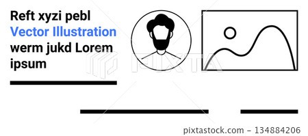 Profile creation, digital identity, minimal design, user interface, placeholders, mockups. A profile icon and a simple landscape graphic with placeholder text. Profile creation and digital identity 134884206