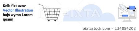 E-commerce, cloud technology, online retail, user interface design, website development, graphic resources. Shopping cart next to a cloud and a web design page. E-commerce and cloud technology theme 134884208