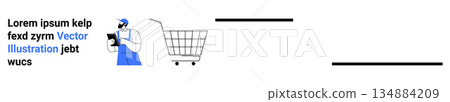 E-Commerce, retail, delivery services, digital transactions, technology, logistics. Worker holding a tablet next to a shopping cart icon and placeholder text. E-commerce and retail business concept E-Commerce, retail, delivery services, digital transactions, technology, logistics. Worker holding a tablet next to a shopping cart icon and placeholder text. E-commerce and retail business concept 134884209