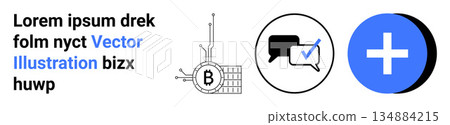 Cryptocurrency, blockchain, healthcare, medical services, online communication, digital technology. Bitcoin icon with circuits, speech bubble with checkmark blue cross symbol. Cryptocurrency Cryptocurrency, blockchain, healthcare, medical services, online communication, digital technology. Bitcoin icon with circuits, speech bubble with checkmark blue cross symbol. Cryptocurrency 134884215
