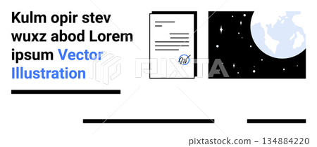 Business processes, global data management, digital communication, authenticity, space exploration, verification systems. A paper document next to a globe in space. Business processes and global data 134884220