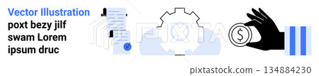 Finance, business automation, workflow, economy, technology, digital operations. Visuals include documents, gears and hand holding coin. Finance and business automation Finance, business automation, workflow, economy, technology, digital operations. Visuals include documents, gears and hand holding coin. Finance and business automation 134884230