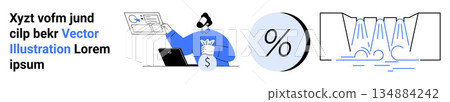 Financial transactions, online payments, customer support, interest rates, automation, digital banking. Person with laptop and headset handling payments. Financial transactions and online payments 134884242