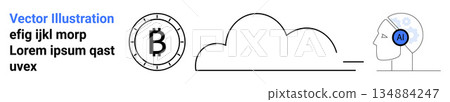 Cryptocurrency, AI, blockchain trading, decentralized finance, cloud services, digital technology. Bitcoin symbol, cloud and human head with AI icon. Cryptocurrency and AI Cryptocurrency, AI, blockchain trading, decentralized finance, cloud services, digital technology. Bitcoin symbol, cloud and human head with AI icon. Cryptocurrency and AI 134884247