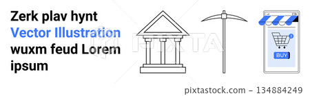 Digital economy, online retail, mining resources, classical culture, technological advancement, historical influence. Pillar structure, pickaxe shopping cart on mobile. E-commerce and online retail Digital economy, online retail, mining resources, classical culture, technological advancement, historical influence. Pillar structure, pickaxe shopping cart on mobile. E-commerce and online retail 134884249